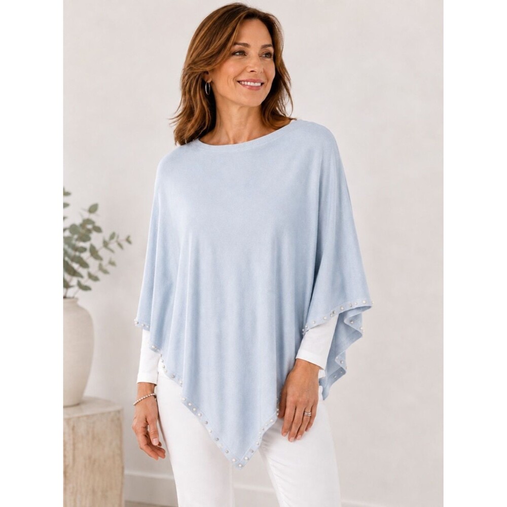 DH PEARLS Ultra Soft Silver Blue Pearl Trimmed Poncho